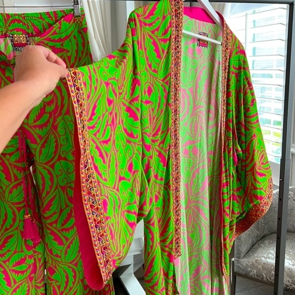 DESIGNER SET SIZE M Green Leaf Print Midi Viscose Kimono with Embroidery… - Picture 7 of 16